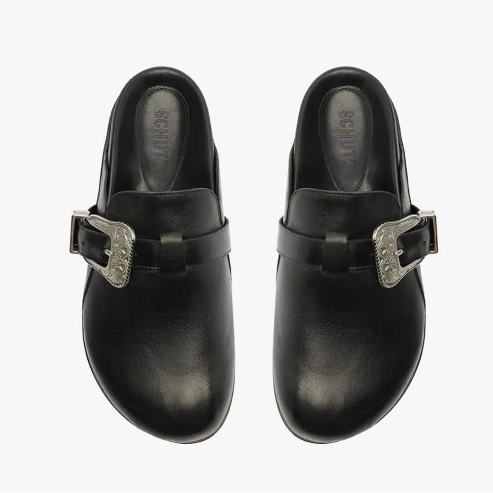 SCHUTZ Black Leather Loafers with Silver Buckle